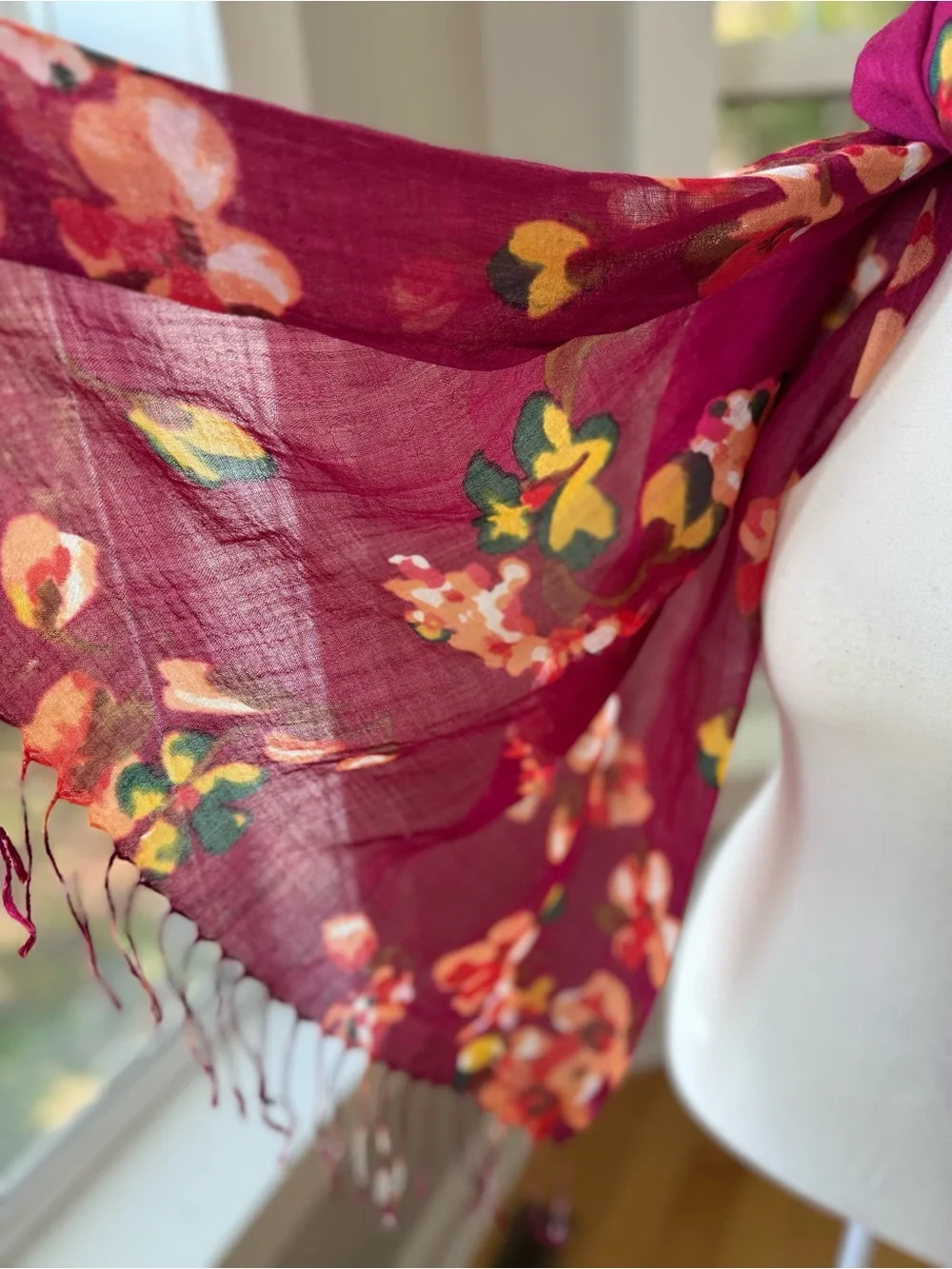 Vintage Burgundy Floral Lightweight Rectangle Scarf with Fringe